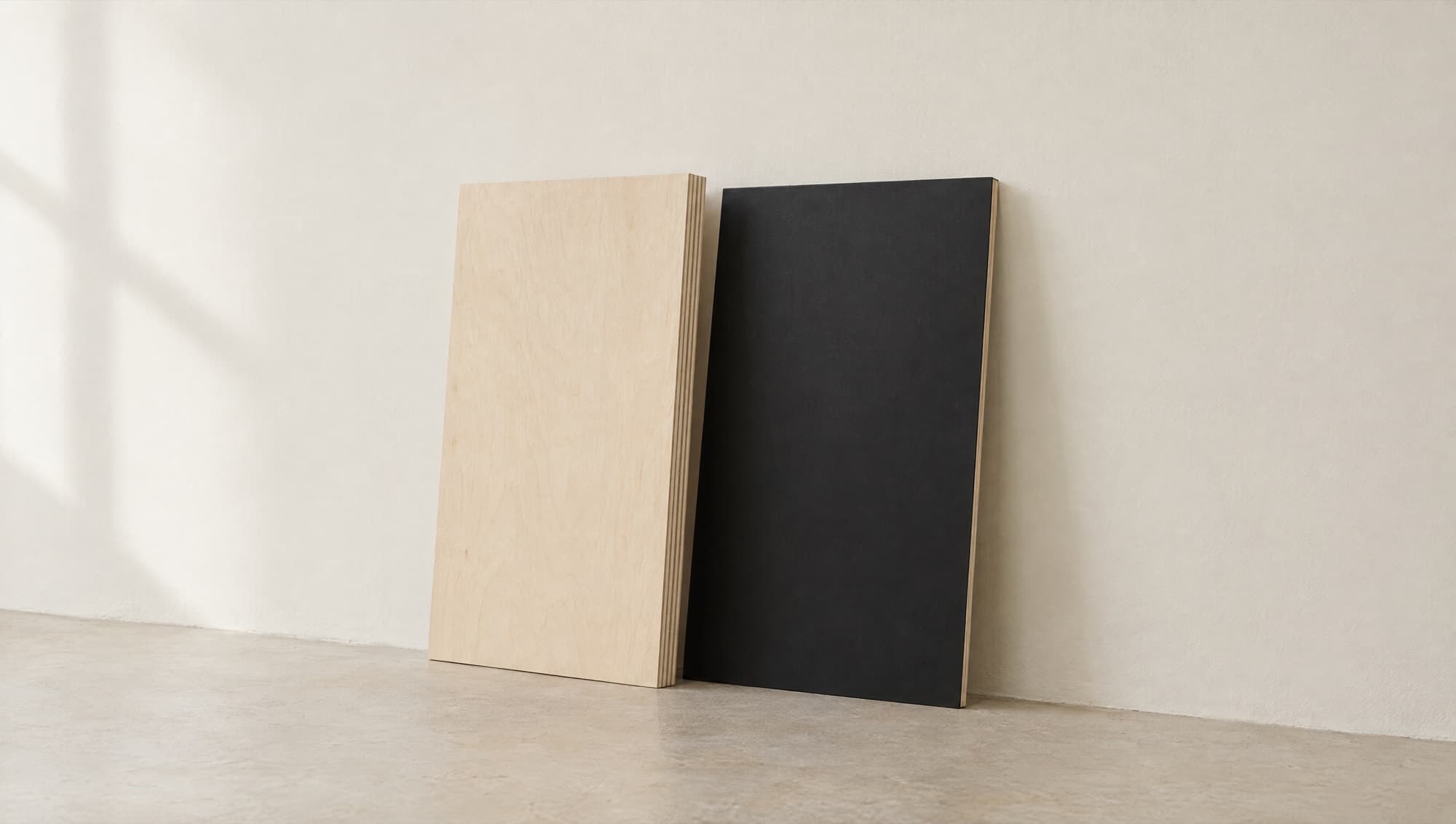 Zwei Sperrholzplatten in Natur und Schwarz an einer hellen Wand